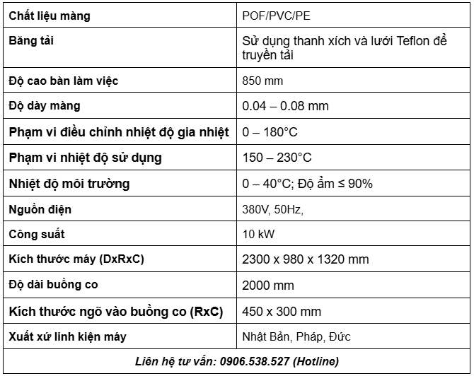 Thông số kỹ thuật buồng co nhiệt của máy co màng POF