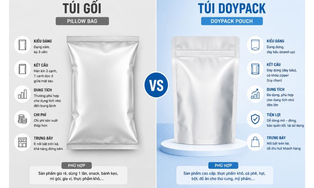 So sánh túi Doypack và túi gối